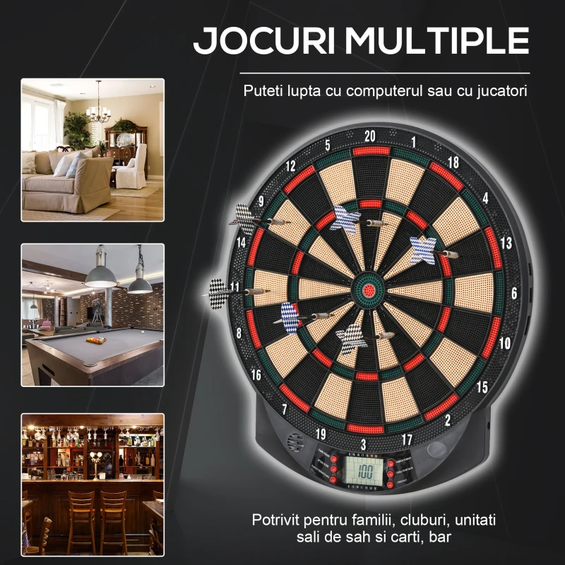 HOMCOM Tinta electronica pentru darts din PP cu 6 Sageti si Panou de Scor pentru Puncte, 44x39.5x2.2cm, Negru