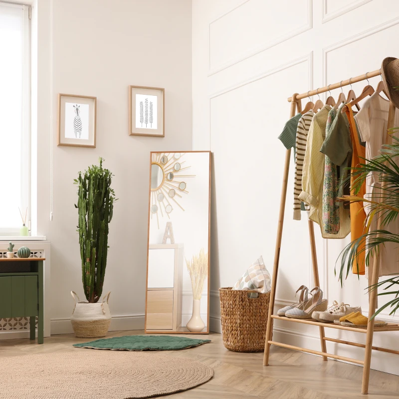 HOMCOM Oglinda cu design lung din lemn moderna, Oglinda decorativa de perete rustica, Oglinda de podea suspendata sau sprijinita, vertical sau orizontal, pentru sufragerie, dormitor, maro natural