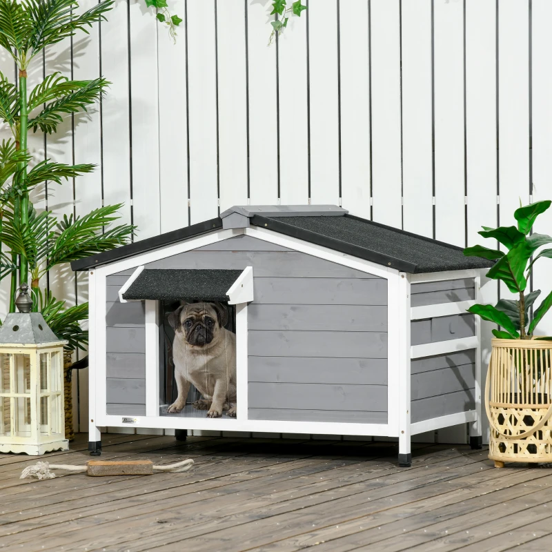 PawHut Casa para Cães de Madeira Casa para Animais de Estimação com Teto Asfáltico 2 Janelas Porta com Cortina 97x72x65 cm Cinza