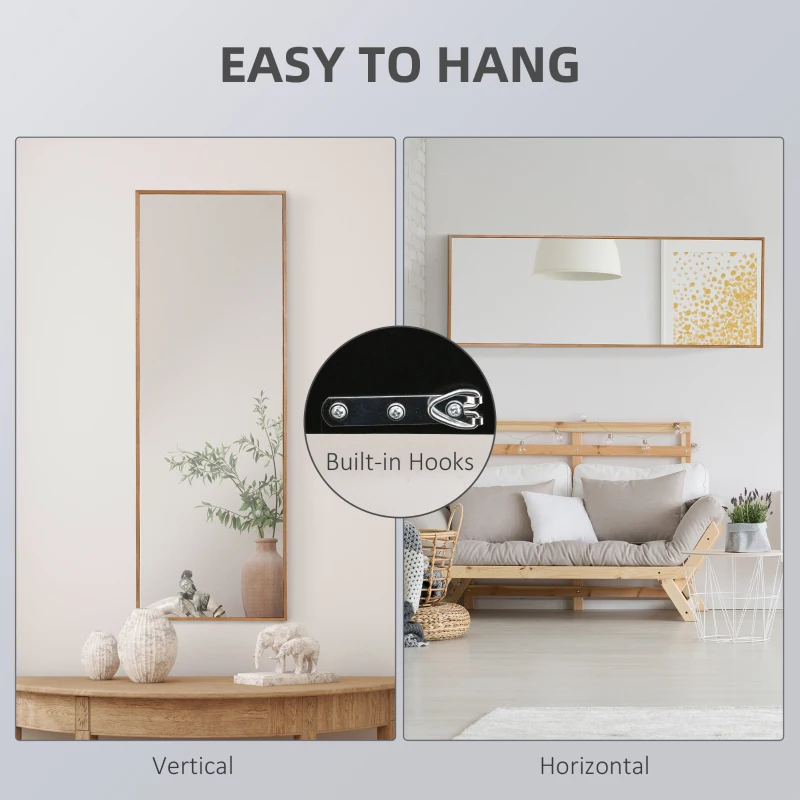 HOMCOM Oglinda cu design lung din lemn moderna, Oglinda decorativa de perete rustica, Oglinda de podea suspendata sau sprijinita, vertical sau orizontal, pentru sufragerie, dormitor, maro natural