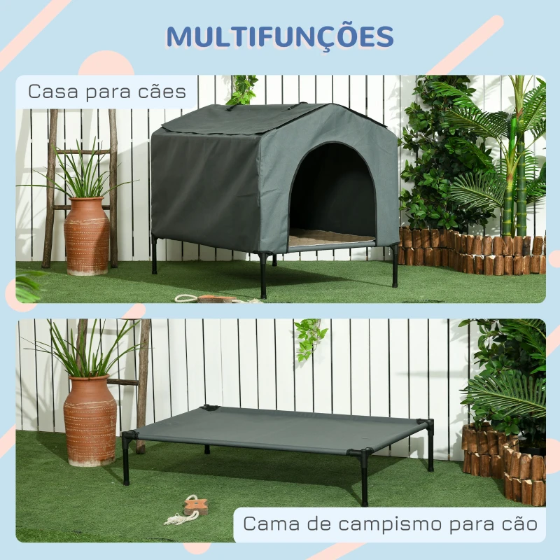 PawHut Casa para Cães com Cobertura Exterior Cama Elevada com Almofada Acolchoada e Janelas de Malha 110x75x87 cm Cinza