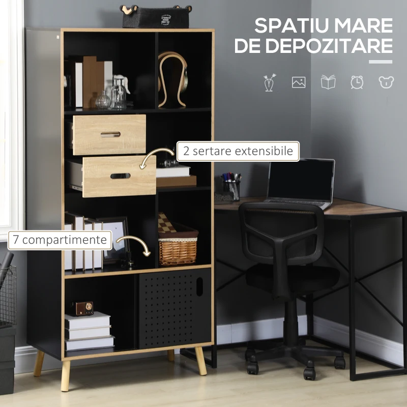 HOMCOM Biblioteca Moderna din MDF si PAL cu 2 Sertare si 7 Rafturi Deschise, 80x40x165 cm, Negru si Lemn natur