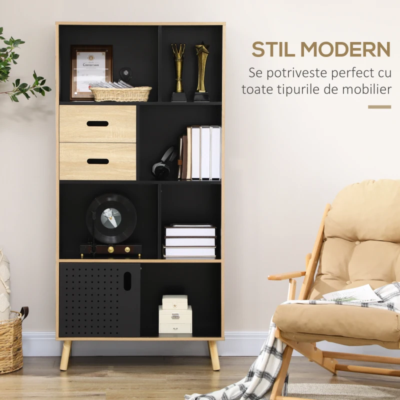 HOMCOM Biblioteca Moderna din MDF si PAL cu 2 Sertare si 7 Rafturi Deschise, 80x40x165 cm, Negru si Lemn natur