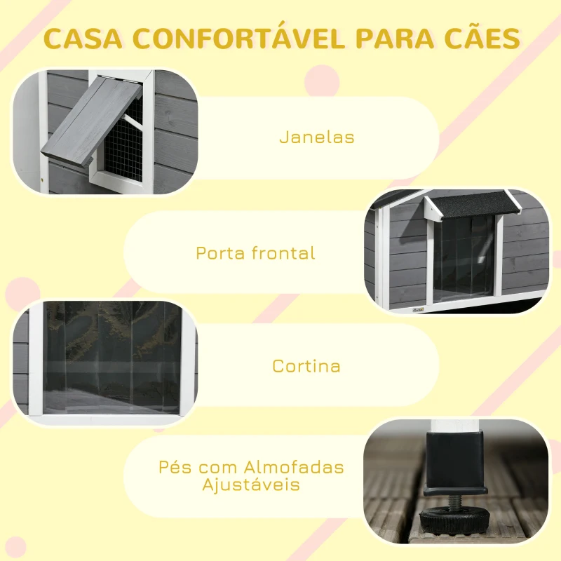 PawHut Casa para Cães de Madeira Casa para Animais de Estimação com Teto Asfáltico 2 Janelas Porta com Cortina 97x72x65 cm Cinza