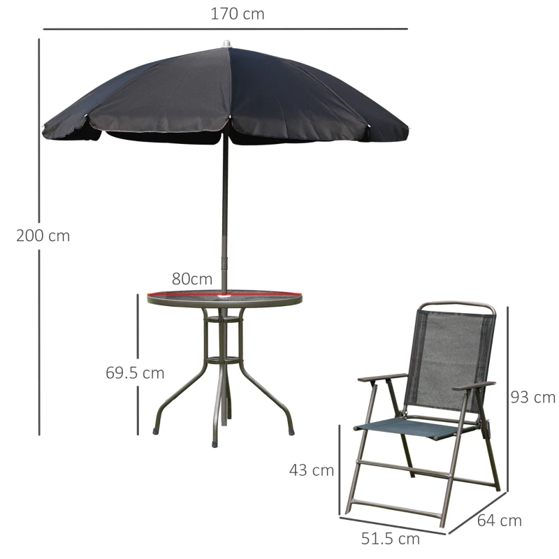 Outsunny - Set Mobili da Giardino in Tubi d'Acciaio 6 pz Set di Tavolo, Sedia e Ombrellone Nero