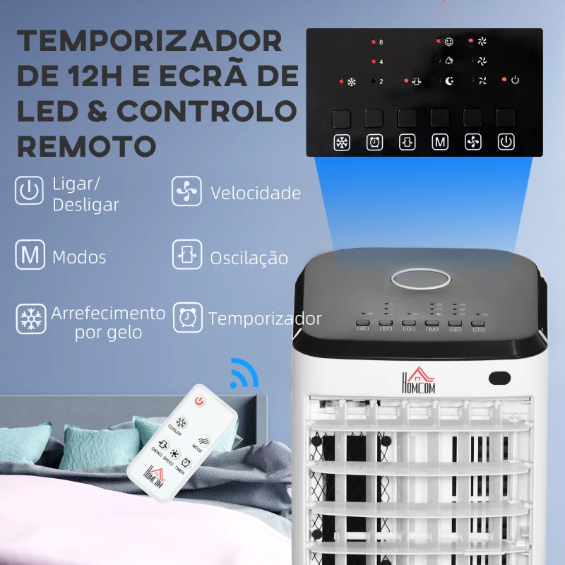 HOMCOM Climatizador Refrigerador de Ar Portátil 3,5 L Climatizador Humidificador Ventoinha Temporizador Oscilação 24,5x27x60 cm Branco