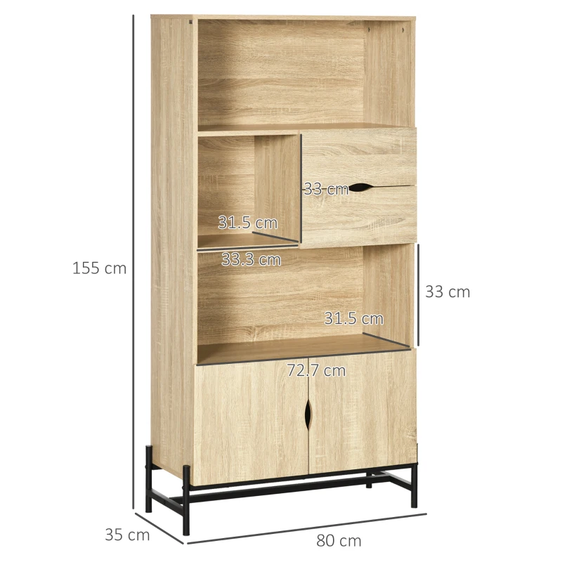 HOMCOM Biblioteca de Perete din MDF si Metal cu 2 Sertare, 2 Dulapioare si 4 Rafturi Deschise, 80x35x155 cm, culoare Lemn natur