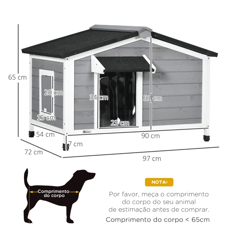 PawHut Casa para Cães de Madeira Casa para Animais de Estimação com Teto Asfáltico 2 Janelas Porta com Cortina 97x72x65 cm Cinza