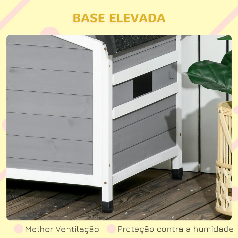 PawHut Casa para Cães de Madeira Casa para Animais de Estimação com Teto Asfáltico 2 Janelas Porta com Cortina 97x72x65 cm Cinza
