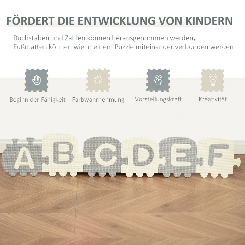 HOMCOM Kinder Puzzlematte 108 Stück Spielmatte Baby matte pädagogische Spielmatte mit rutschfest mit Buchstaben Zahlen und Abnehmbares internes Zugbild EVA 31,5 x 31,5 cm
