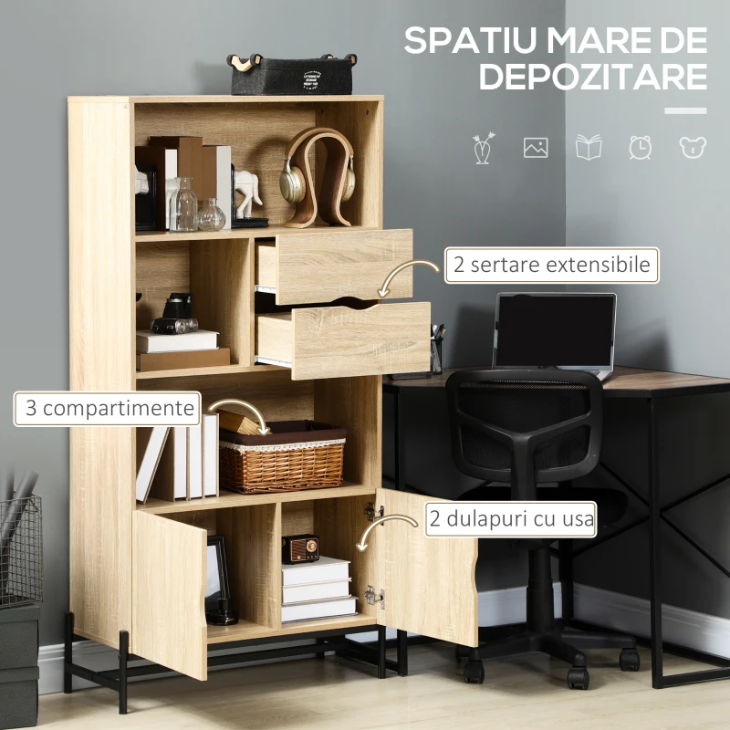 HOMCOM Biblioteca de Perete din MDF si Metal cu 2 Sertare, 2 Dulapioare si 4 Rafturi Deschise, 80x35x155 cm, culoare Lemn natur