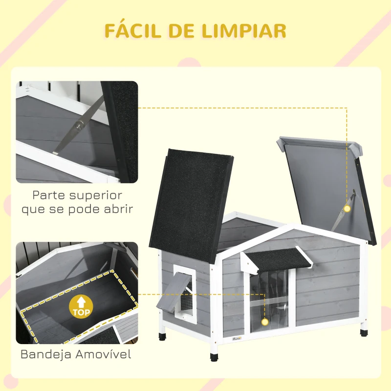 PawHut Casa para Cães de Madeira Casa para Animais de Estimação com Teto Asfáltico 2 Janelas Porta com Cortina 97x72x65 cm Cinza