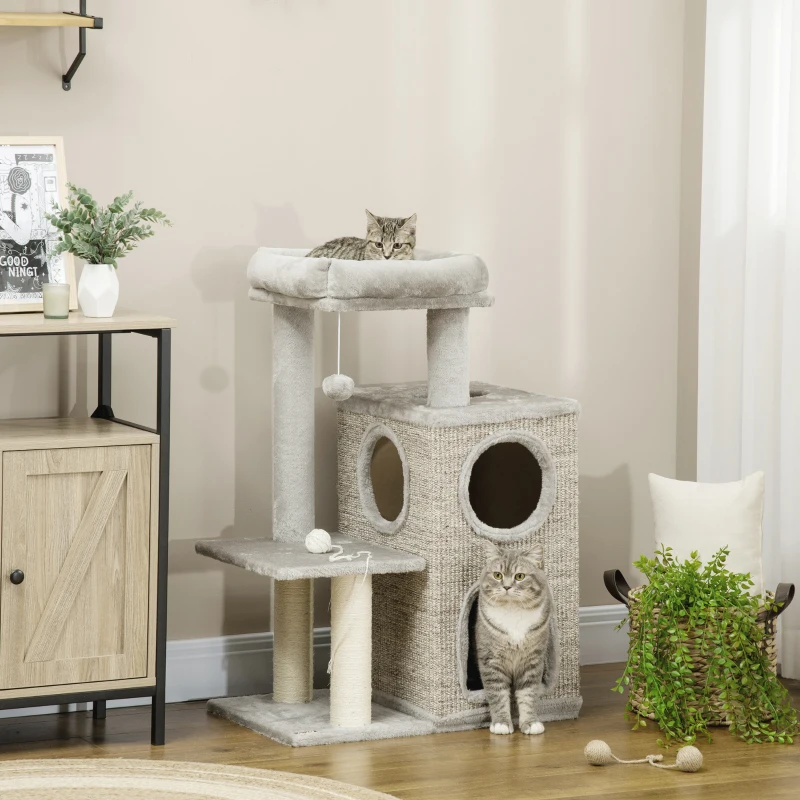 PawHut Scratching Post with Cat Condo, Cat Bed, and Ball Toy, 60 cm x 40 cm x 91 cm, Light Gray + Natural