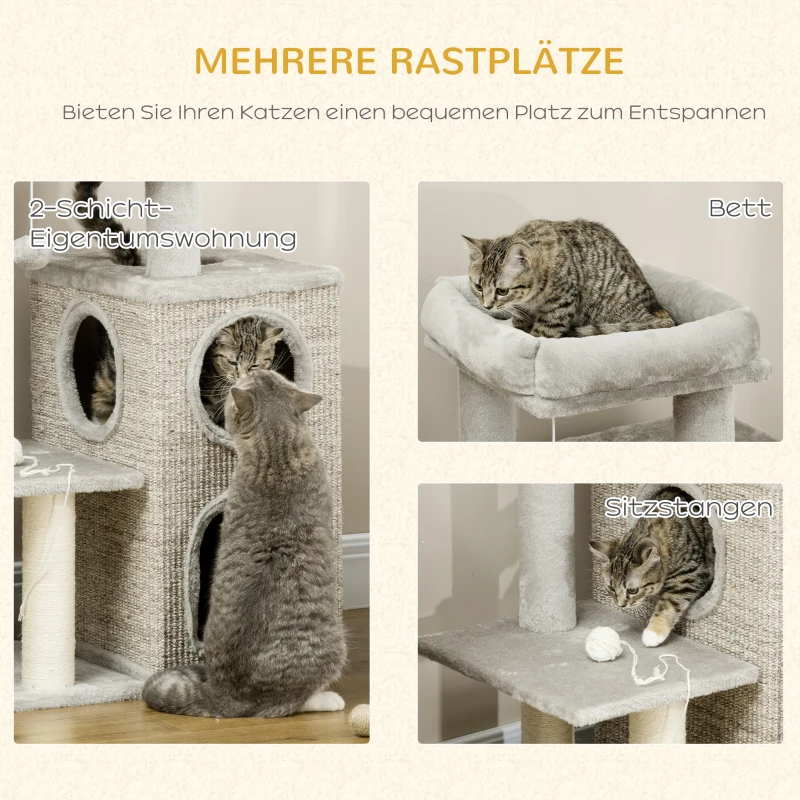 PawHut kattenboom met kattengrot, kattenbed en speelbal, 60 cm x 40 cm x 91 cm, lichtgrijs+naturel