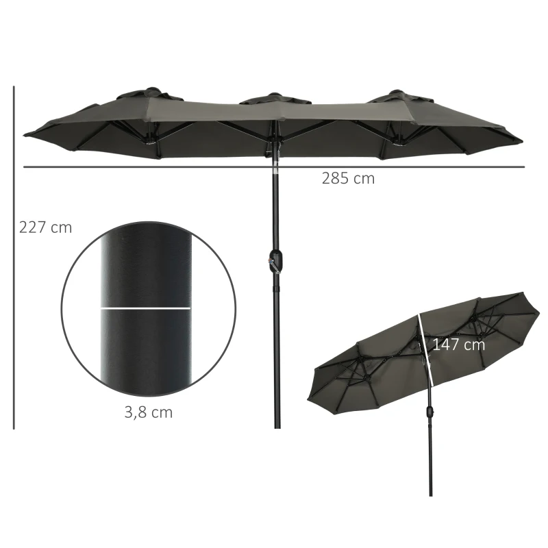 Outsunny parasol, tuinparasol, kantelbaar, met handslinger, winddak, polyester+staal, grijs, 285 x 147 cm
