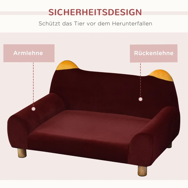 PawHut Hundesofa mit Tierohren Form, Haustiersofa mit Weichem Samtbezug Holzbeinen, Hundebett, Katzensofa, 81 x 53 x 45,5 cm