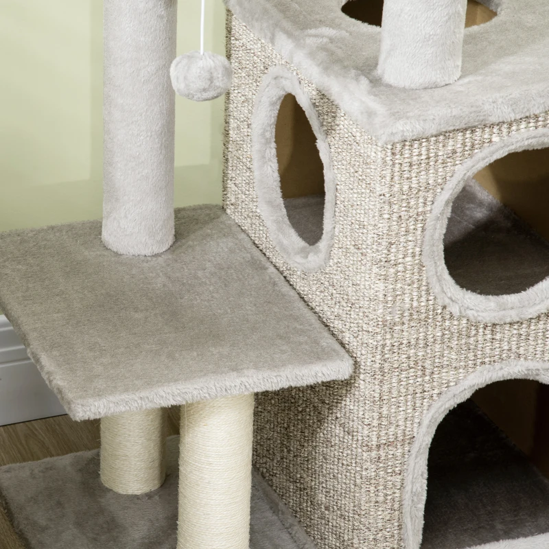 PawHut Scratching Post with Cat Condo, Cat Bed, and Ball Toy, 60 cm x 40 cm x 91 cm, Light Gray + Natural