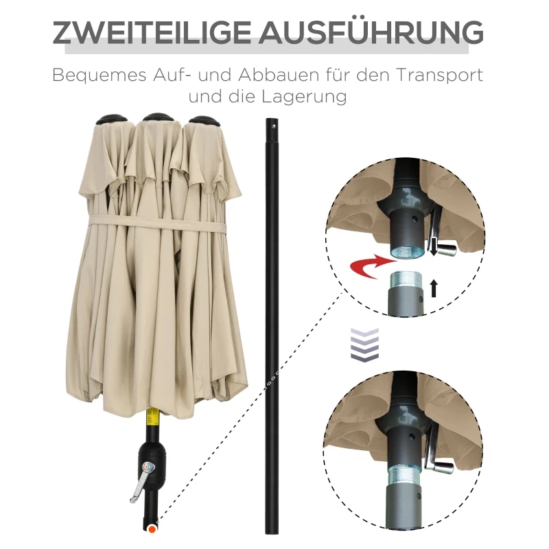Outsunny parasol, tuinparasol, kantelbaar, met handslinger, windkap, polyester+staal, kaki, 285 x 147 cm