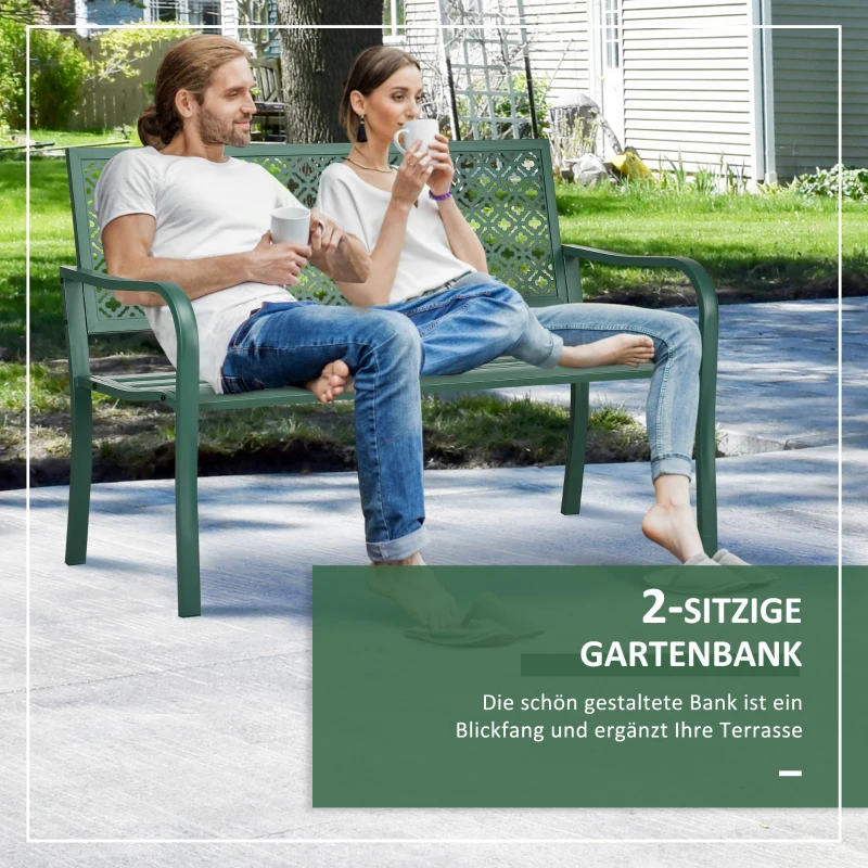 Outsunny stalen tuinbank, 2-zits parkbank met rugleuning en armleuning, bank met bloemmotief, voor tuin, balkon, max. 240 kg, donkergroen, 127 x 63 x 83 cm