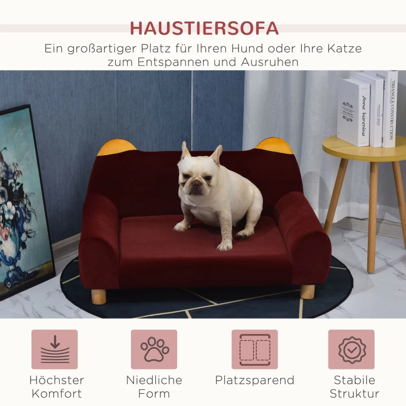 PawHut Hundesofa mit Tierohren Form, Haustiersofa mit Weichem Samtbezug Holzbeinen, Hundebett, Katzensofa, 81 x 53 x 45,5 cm