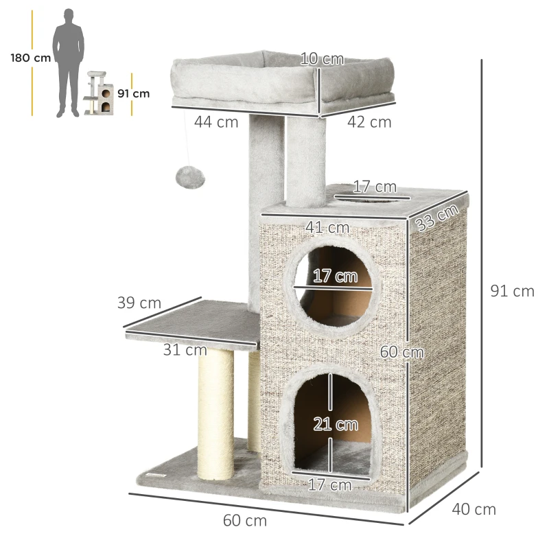 PawHut Scratching Post with Cat Condo, Cat Bed, and Ball Toy, 60 cm x 40 cm x 91 cm, Light Gray + Natural