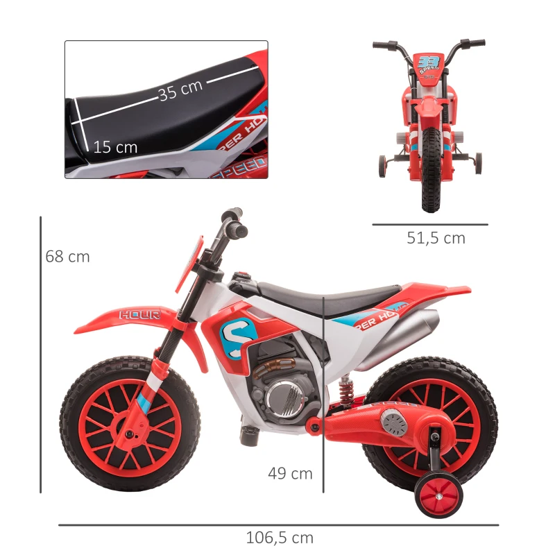 HOMCOM kindermotorfiets, elektrische motorfiets, 45 minuten rijtijd, met trainingswielen, vanaf 3 jaar, rood+wit, 106,5 x 51,5 x 68 cm