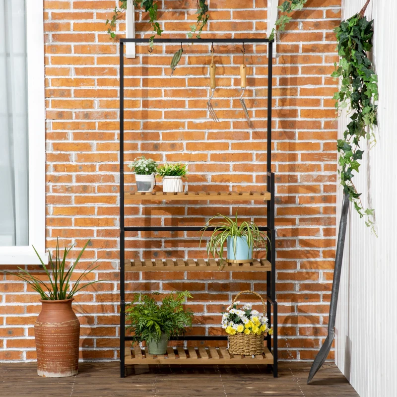 Outsunny 3-laags plantenrek, bloementrap met bevestigingshaken, tuinplantenstandaard, natuurlijk hout, 80 cm x 36 cm x 174 cm