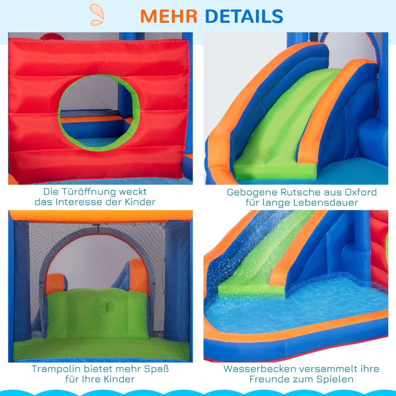 Outsunny springkasteel, met ruches, springkussen, zwembad, opblaasbaar, incl. elektrische pomp, voor maximaal 3 kinderen, 380 x 340 x 170 cm