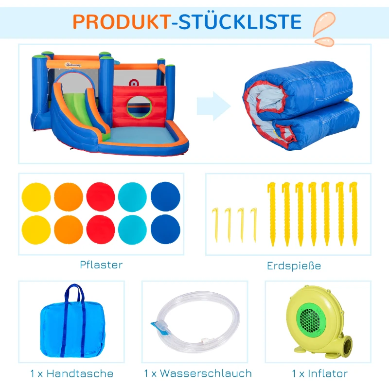 Outsunny springkasteel, met ruches, springkussen, zwembad, opblaasbaar, incl. elektrische pomp, voor maximaal 3 kinderen, 380 x 340 x 170 cm