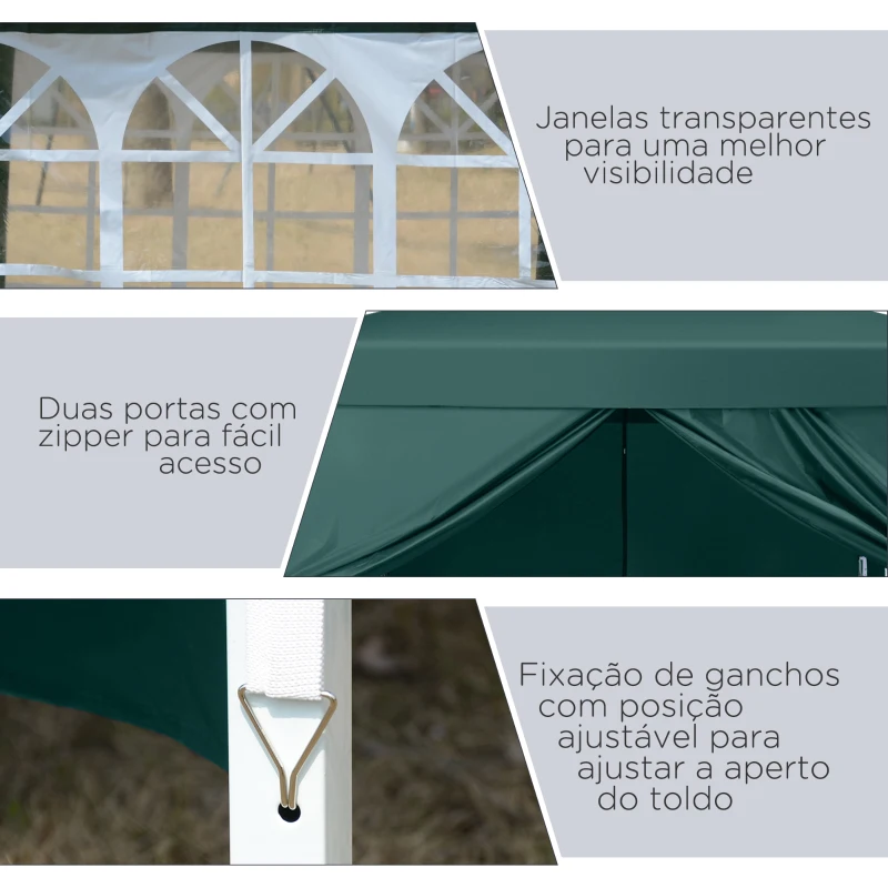 Outsunny Tenda de Jardim com Paredes Laterais Amovíveis Janelas Porta com Zíper e Bolsa de Transporte 295x295x195-258 cm Verde