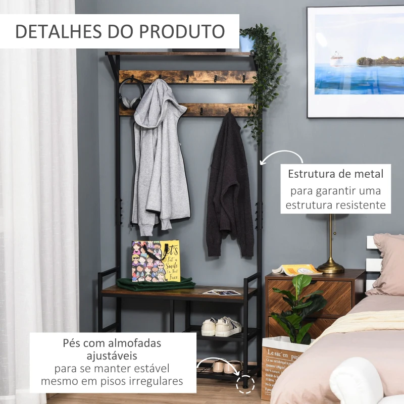 HOMCOM Móvel Cabide de Entrada com 3 Prateleiras 9 Ganchos Armário de Entrada com Cabides de Estilo Industrial 84x34,5x180cm Marrom