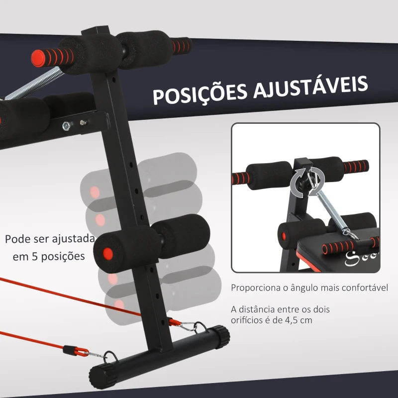 HOMCOM Banco de Abdominais Dobrável Ajustável em Altura com Cordas Elásticas 137x51x50-66 cm Preto e Vermelho
