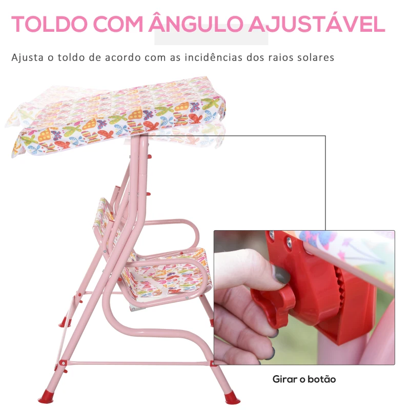 Outsunny Baloiço de Jardim Infantil de 2 Lugares com Toldo Ajustável em Ângulo e Cintos de Segurança ao Ar Livre 110x70x110 cm Rosa