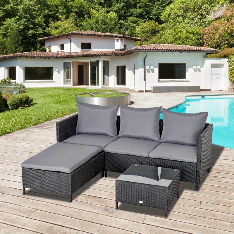 Outsunny Conjunto de móveis de jardim 4 peças sofá duplo de vime mesa de centro banquinho com almofadas acolchoadas para ar livre estrutura de metal Preto