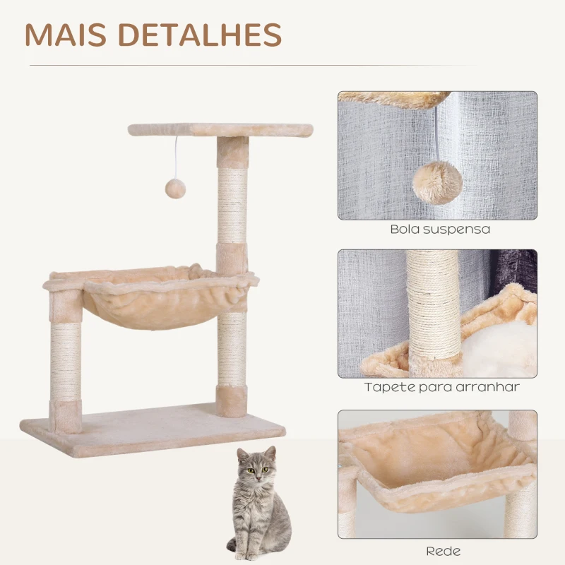 PawHut Árvore Arranhador para Gatos Torre para Gatos 50x36x70 cm com Rede Plataforma Poste de Sisal e Bola Suspensa Bege