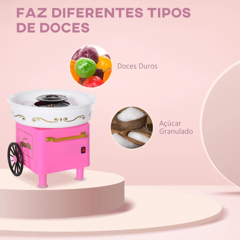 HOMCOM Máquina de Algodão Doce Estilo Retrô Potência 450W-550W Doce com Colher Medidora e 10 Palitos de Bambu 30x30x28cm Rosa