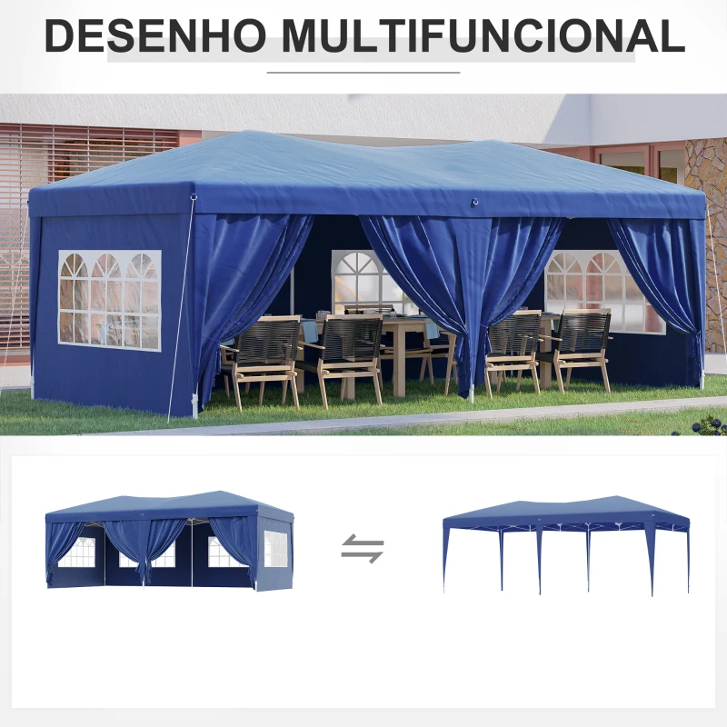 Outsunny Tenda para Festas com Paredes Laterais Amovíveis 2 Portas com Zíper 4 Janelas e Bolsa de Transporte 591x297x255 cm Azul