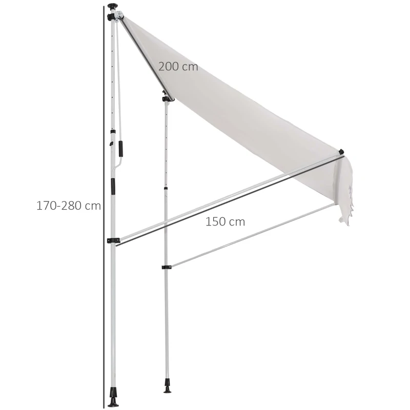 Outsunny Toldo Manual Retrátil 200x150 cm com Manivela de Alumínio Ângulo Ajustável Proteção Solar para Varanda Jardim Pátio Branco