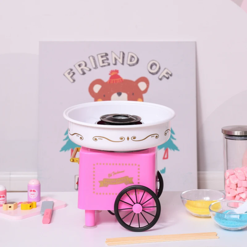 HOMCOM Máquina de Algodão Doce Estilo Retrô Potência 450W-550W Doce com Colher Medidora e 10 Palitos de Bambu 30x30x28cm Rosa