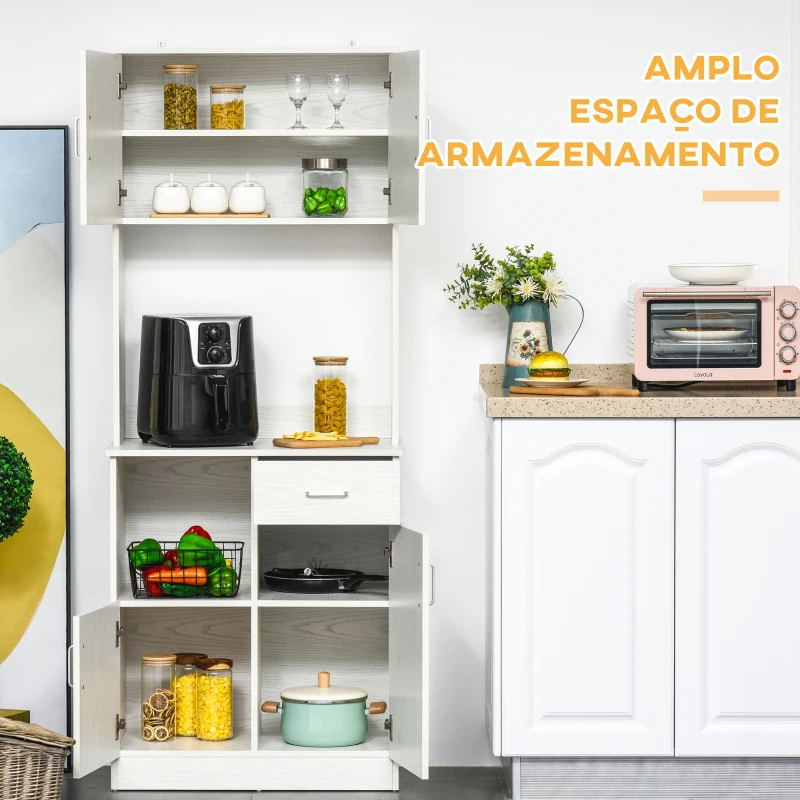HOMCOM Armário de Cozinha Armário Alto de Cozinha com Gaveta Prateleira Aberta e 3 Armários com Prateleira Ajustável 71x71x178 cm Branco