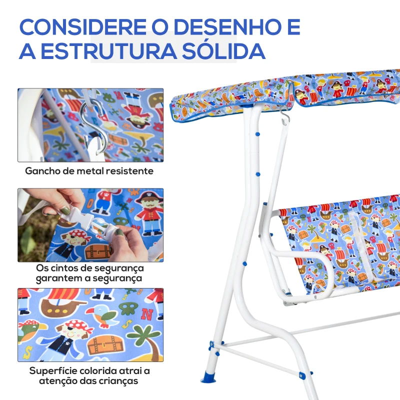 Outsunny Baloiço de Jardim Infantil de 2 Lugares com Toldo Ajustável em Ângulo e Cintos de Segurança ao Ar Livre 110x70x110 cm Azul