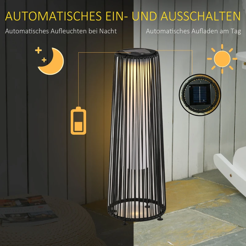 Outsunny Tuinlamp, Buitenlamp op Zonne-energie, 8 Uur Bedrijfstijd, Rotanlook, Zwart, 21,5 x 21,5 x 61 cm(m-4)