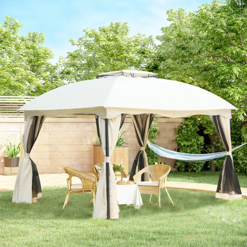 Outsunny Pérgola Exterior 3x3.65x2.82m  de Jardim Marco de Ferro com Parede Lateral e Mosquiteira Cor Creme