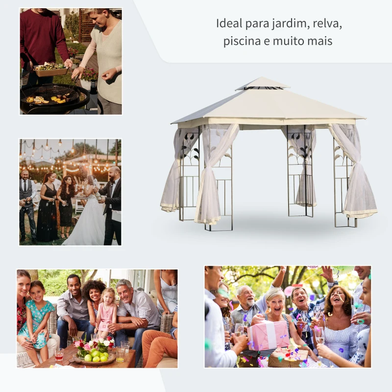 Outsunny Pérgola de Jardim Pérgola de Exterior com Teto Duplo Mosquiteira e Orifícios de Drenagem 300x300x280 cm Branco