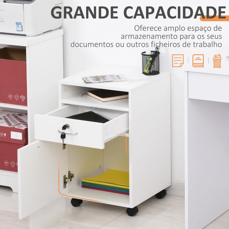 HOMCOM Bloco de Gavetas de Escritório com 4 Rodas Fechadura Prateleira Aberta e Armário 40x35x60 cm Branco