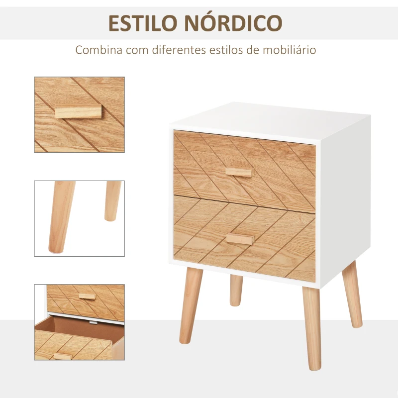 HOMCOM Mesa de Cabeceira com 2 Gavetas Espaço de Armazenamento para Dormitório 40x30x55,5 cm Branco e Madeira