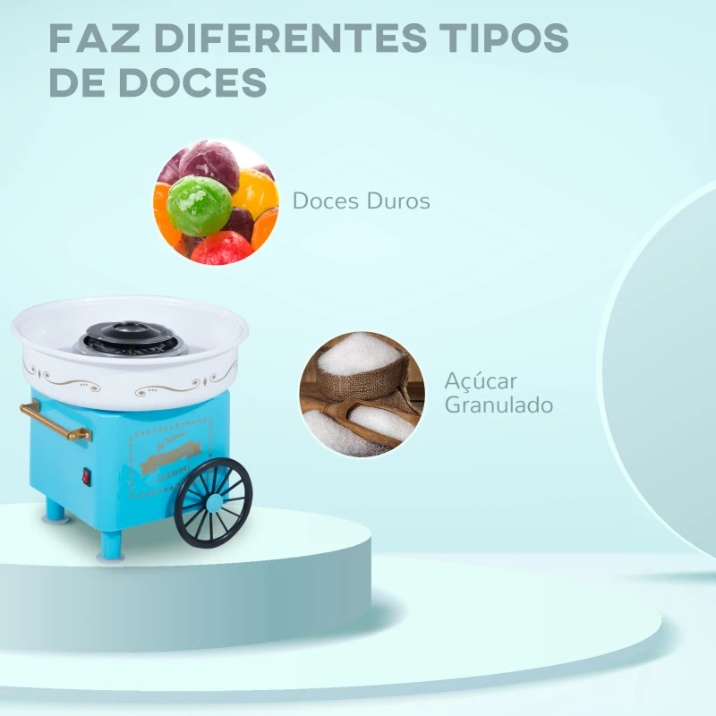 HOMCOM Máquina de Algodão Doce Estilo Retrô Potência 450W-550W Doce com Colher Medidora e 10 Palitos de Bambu 30x30x28cm Azul