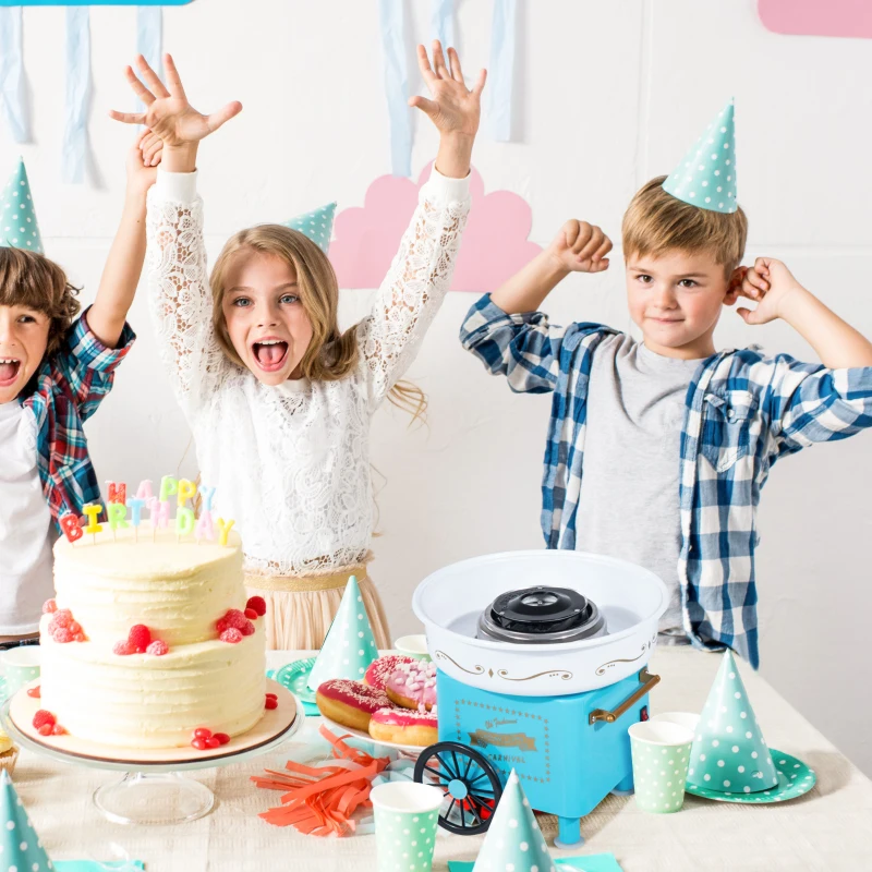 HOMCOM Máquina de Algodão Doce Estilo Retrô Potência 450W-550W Doce com Colher Medidora e 10 Palitos de Bambu 30x30x28cm Azul