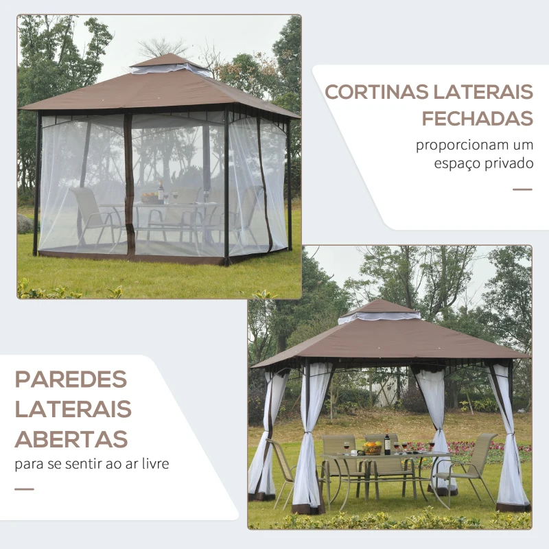 Outsunny Pérgola de Jardim Pérgola com Teto Duplo e Rede Mosquiteira com Zíper 295x295x270 cm Marrom e Branco