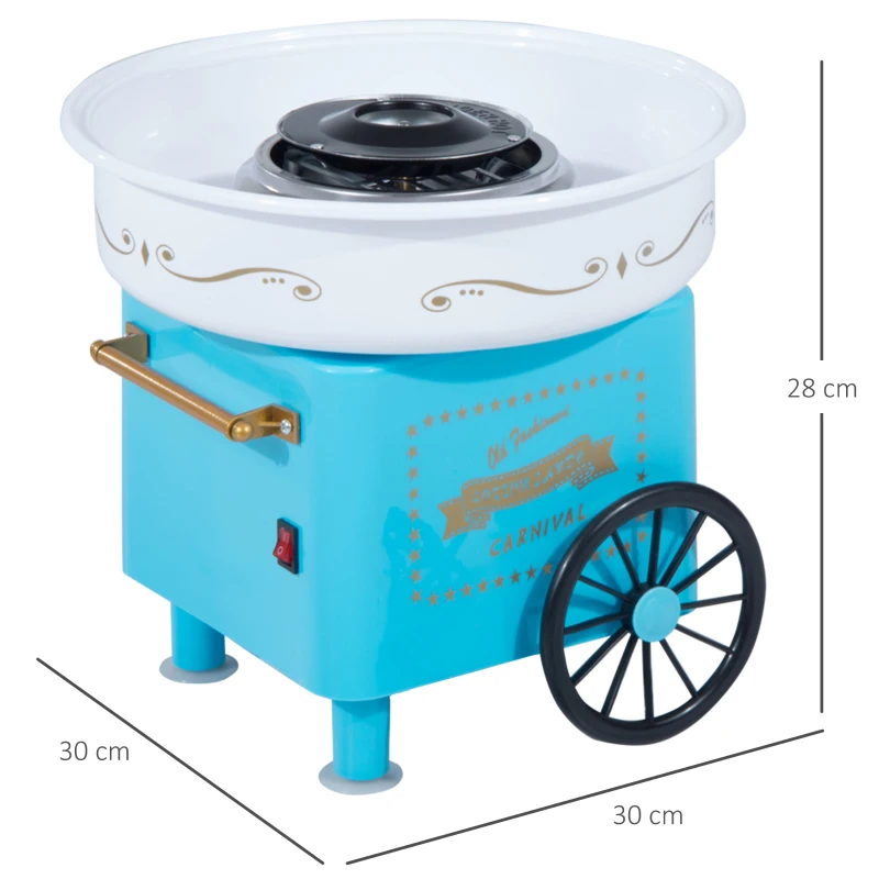 HOMCOM Máquina de Algodão Doce Estilo Retrô Potência 450W-550W Doce com Colher Medidora e 10 Palitos de Bambu 30x30x28cm Azul